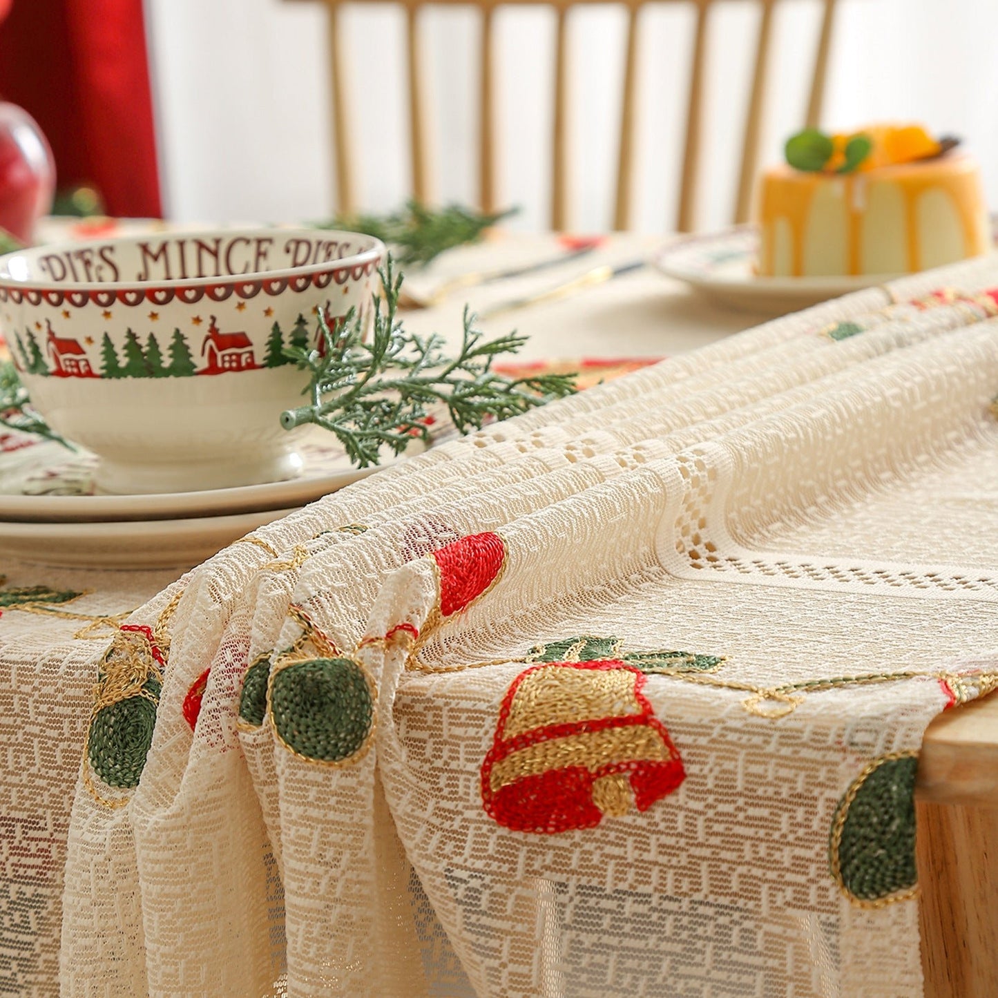 Embroidered Christmas Tablecloth - Embroidered Bells & Holly Design (140*200cm) - casaculinary
