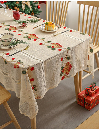 Embroidered Christmas Tablecloth - Embroidered Bells & Holly Design (140*200cm) - casaculinary