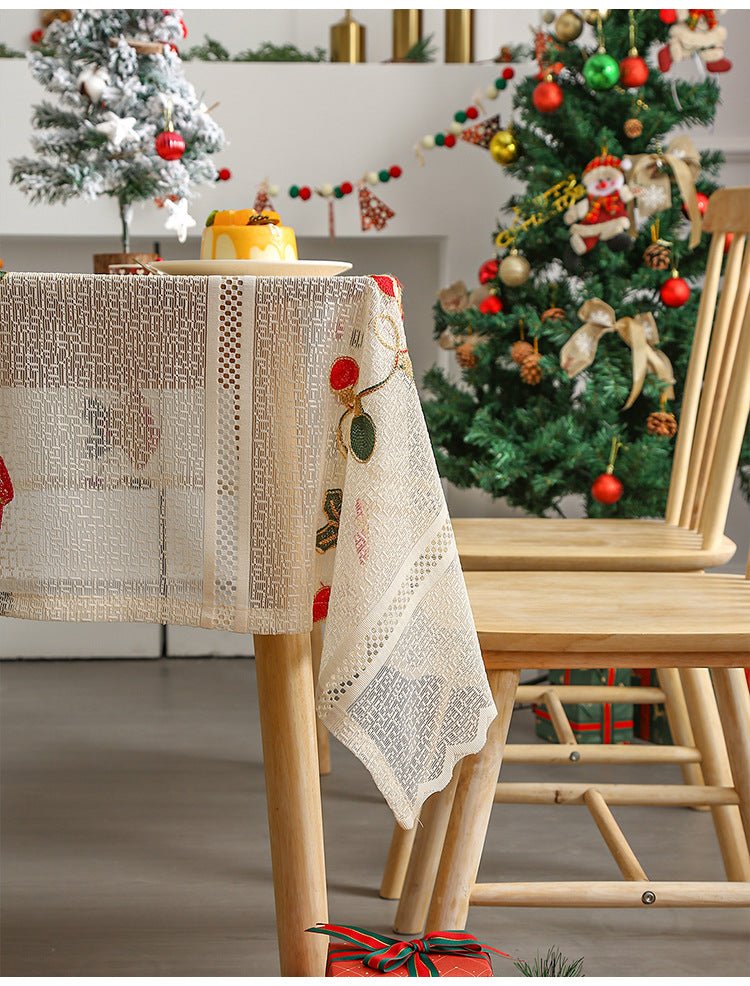Embroidered Christmas Tablecloth - Embroidered Bells & Holly Design (140*200cm) - casaculinary