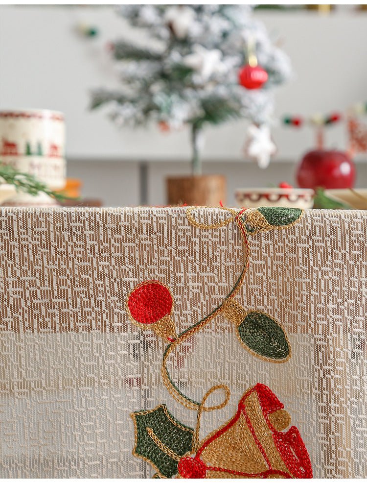 Embroidered Christmas Tablecloth - Embroidered Bells & Holly Design (140*200cm) - casaculinary