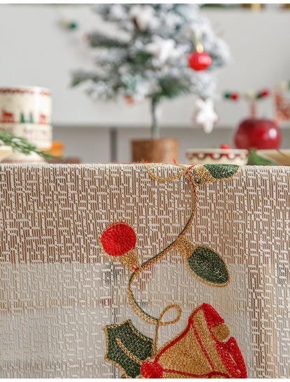 Embroidered Christmas Tablecloth - Embroidered Bells & Holly Design (140*200cm) - casaculinary