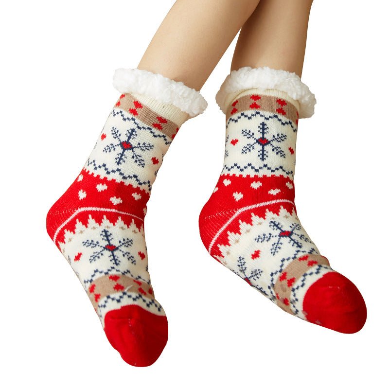 Festive Plush Christmas Socks , Warm Winter Slipper Socks with Snowflake Pattern, Non - slip floor socks Red Snowflake - casaculinary