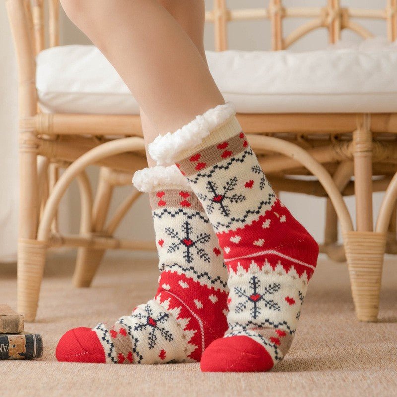 Festive Plush Christmas Socks , Warm Winter Slipper Socks with Snowflake Pattern, Non - slip floor socks Red Snowflake - casaculinary