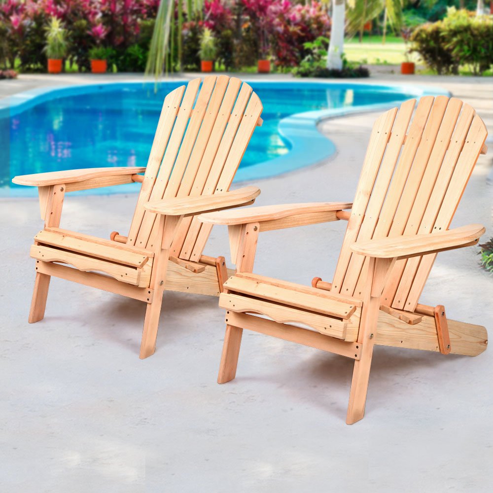 Gardeon Adirondack Outdoor Chairs Wooden Beach Chair Patio Furniture Garden Natural Set of 2 