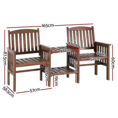 Gardeon Outdoor Garden Bench Loveseat Wooden Table Chairs Patio Furniture Brown 