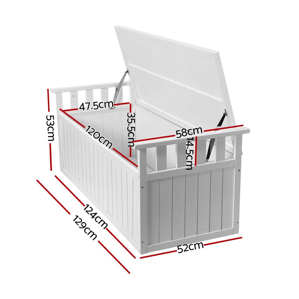 Gardeon Outdoor Storage Bench Box 129cm Wooden Garden Toy Chest Sheds Patio Furniture XL White 