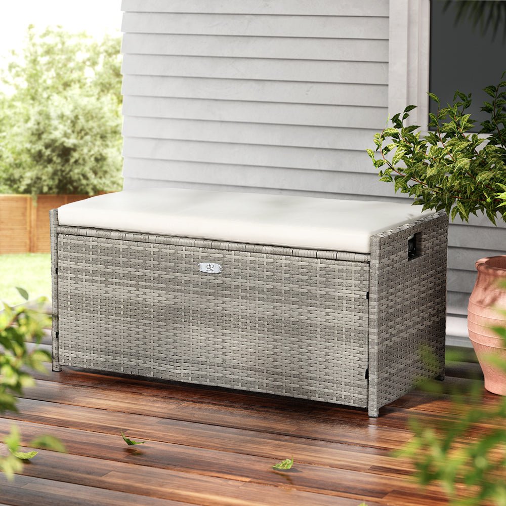 Gardeon Outdoor Storage Bench Box Wicker Garden Sheds Tools Cushion Patio Furniture Grey 