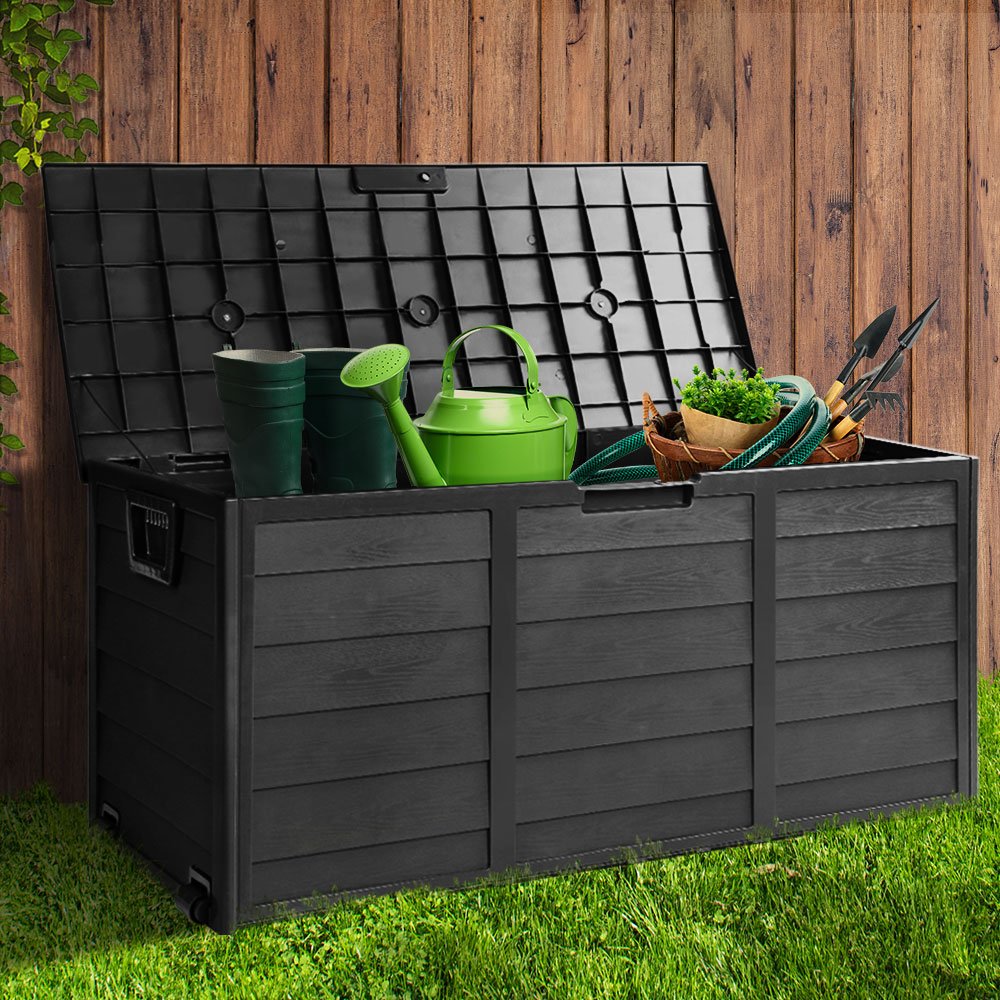 Gardeon Outdoor Storage Box 290L Lockable Organiser Garden Deck Shed All Black 