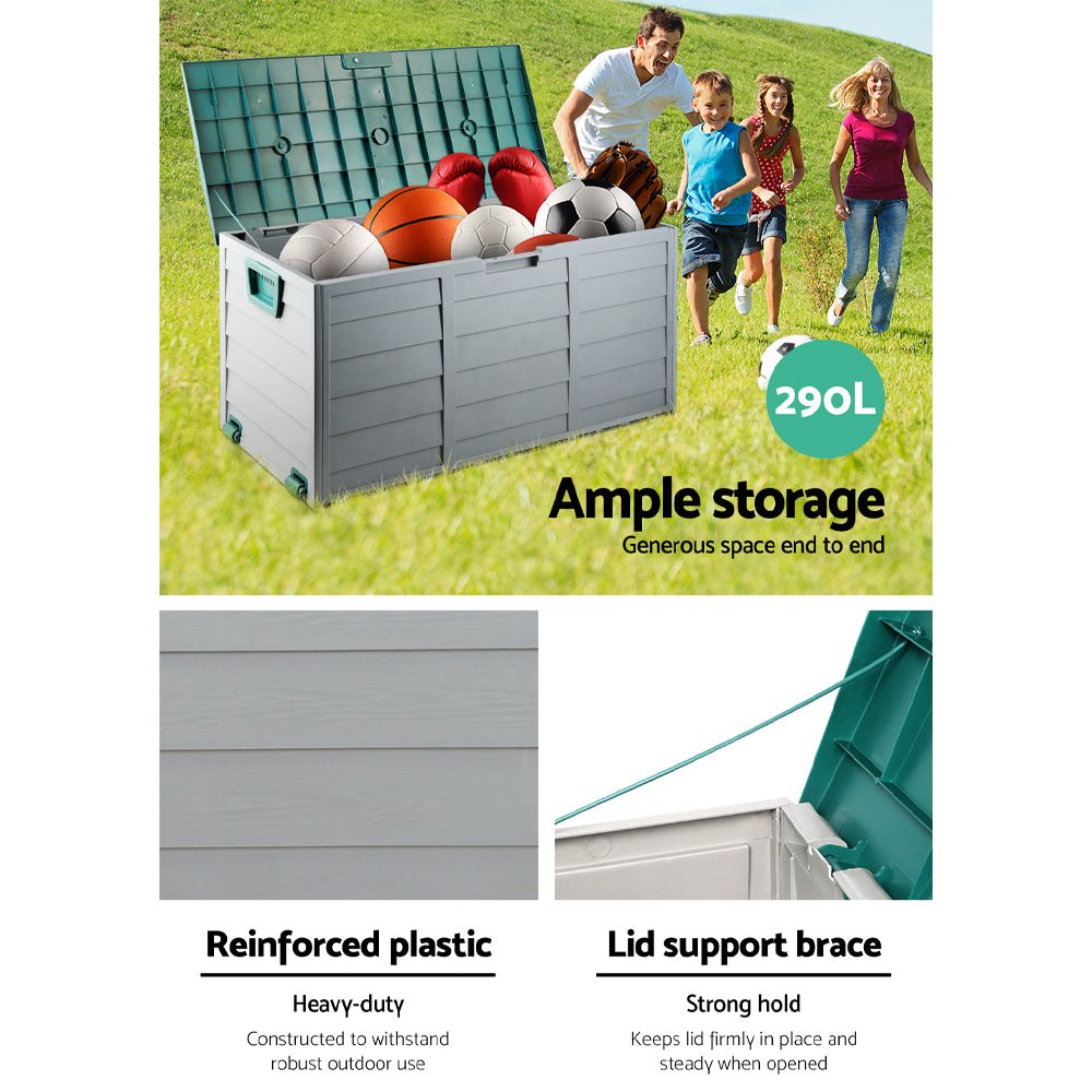 Gardeon Outdoor Storage Box 290L Lockable Organiser Garden Deck Shed Tool Green 