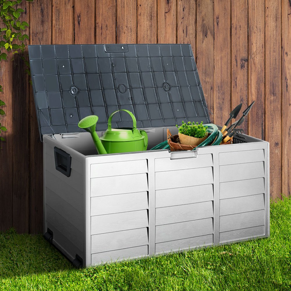 Gardeon Outdoor Storage Box 290L Lockable Organiser Garden Deck Shed Tool Grey 