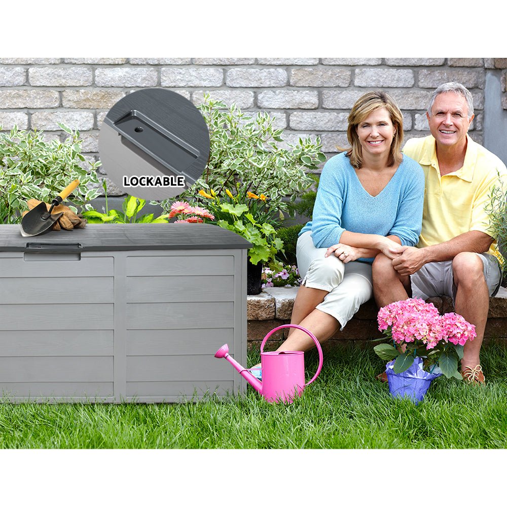 Gardeon Outdoor Storage Box 290L Lockable Organiser Garden Deck Shed Tool Grey 