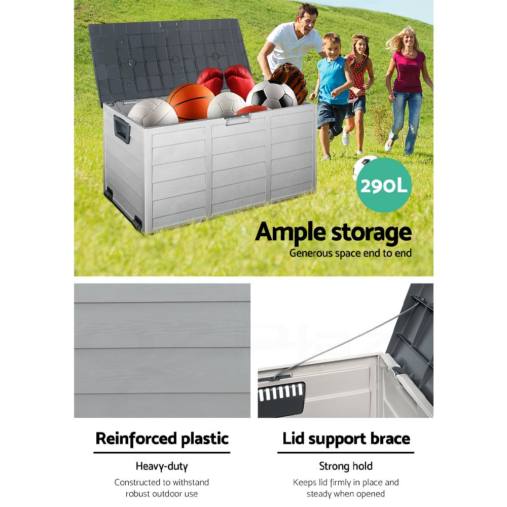 Gardeon Outdoor Storage Box 290L Lockable Organiser Garden Deck Shed Tool Grey 