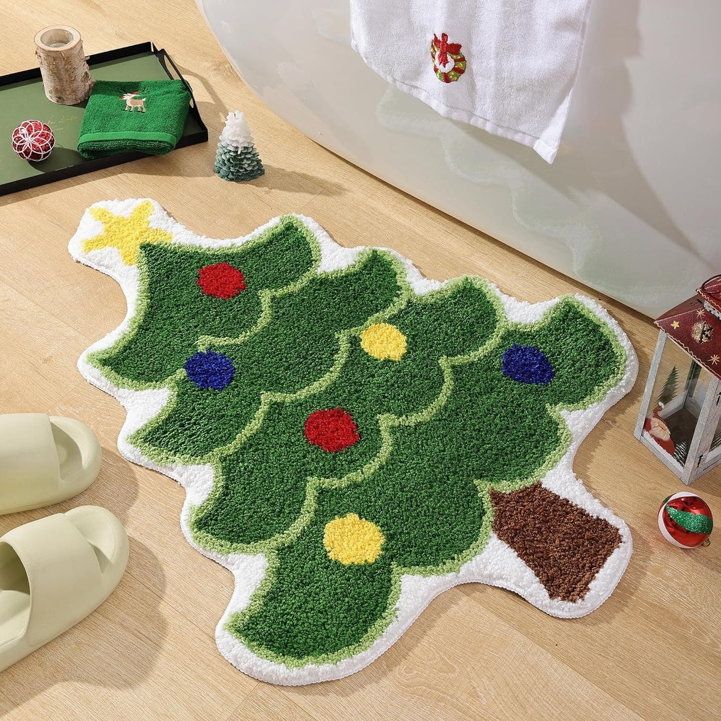 Green Christmas tree style Festive Christmas Shaped Floor Mat - Plush Non - Slip Holiday Accent Rug(Style 1) - casaculinary