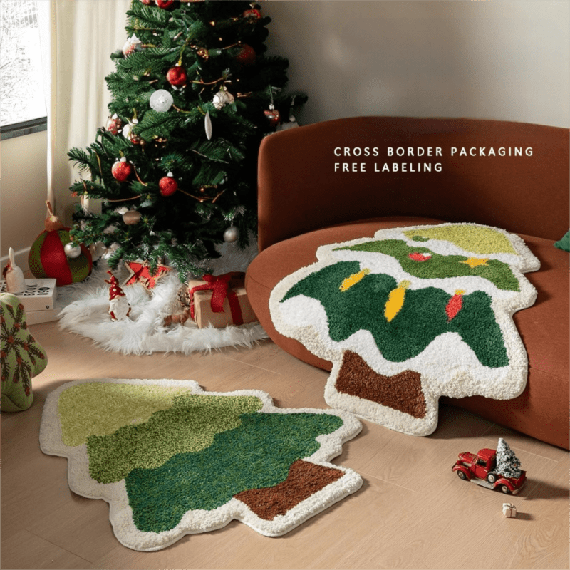 Green Christmas tree style Festive Christmas Shaped Floor Mat - Plush Non - Slip Holiday Accent Rug(Style 3) - casaculinary