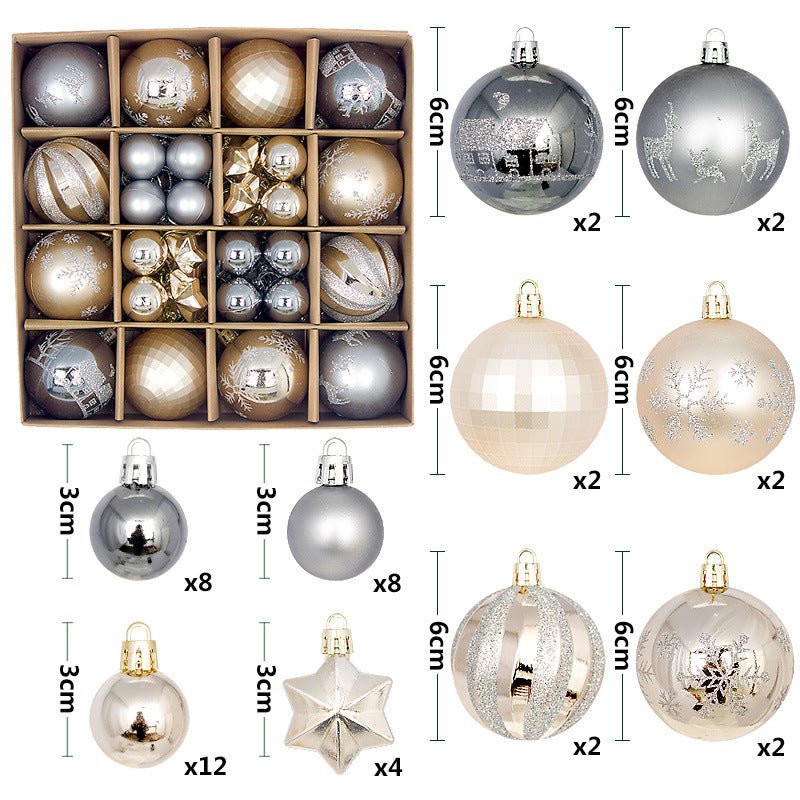Grey and champagne gold 44 - Piece Assorted Christmas Baubles Set with Elegant Designs in Wooden Gift Box - 3 - 6cm Decorative Ornaments for Tree, Home & Holiday Display - casaculinary