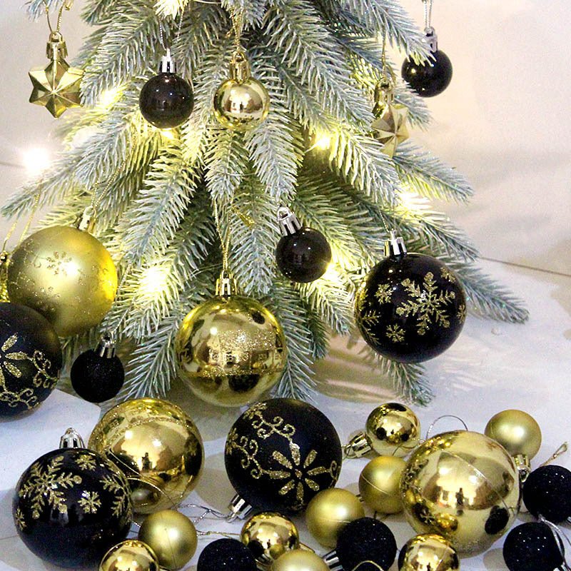 Grey and champagne gold 44 - Piece Assorted Christmas Baubles Set with Elegant Designs in Wooden Gift Box - 3 - 6cm Decorative Ornaments for Tree, Home & Holiday Display - casaculinary