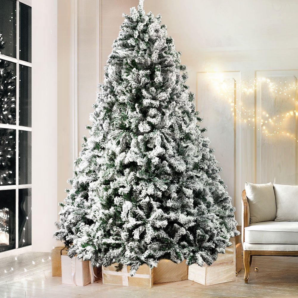 Jingle Jollys Christmas Tree 2.4M Xmas Tree Decorations Snow Flocked 1500 Tips - casaculinary