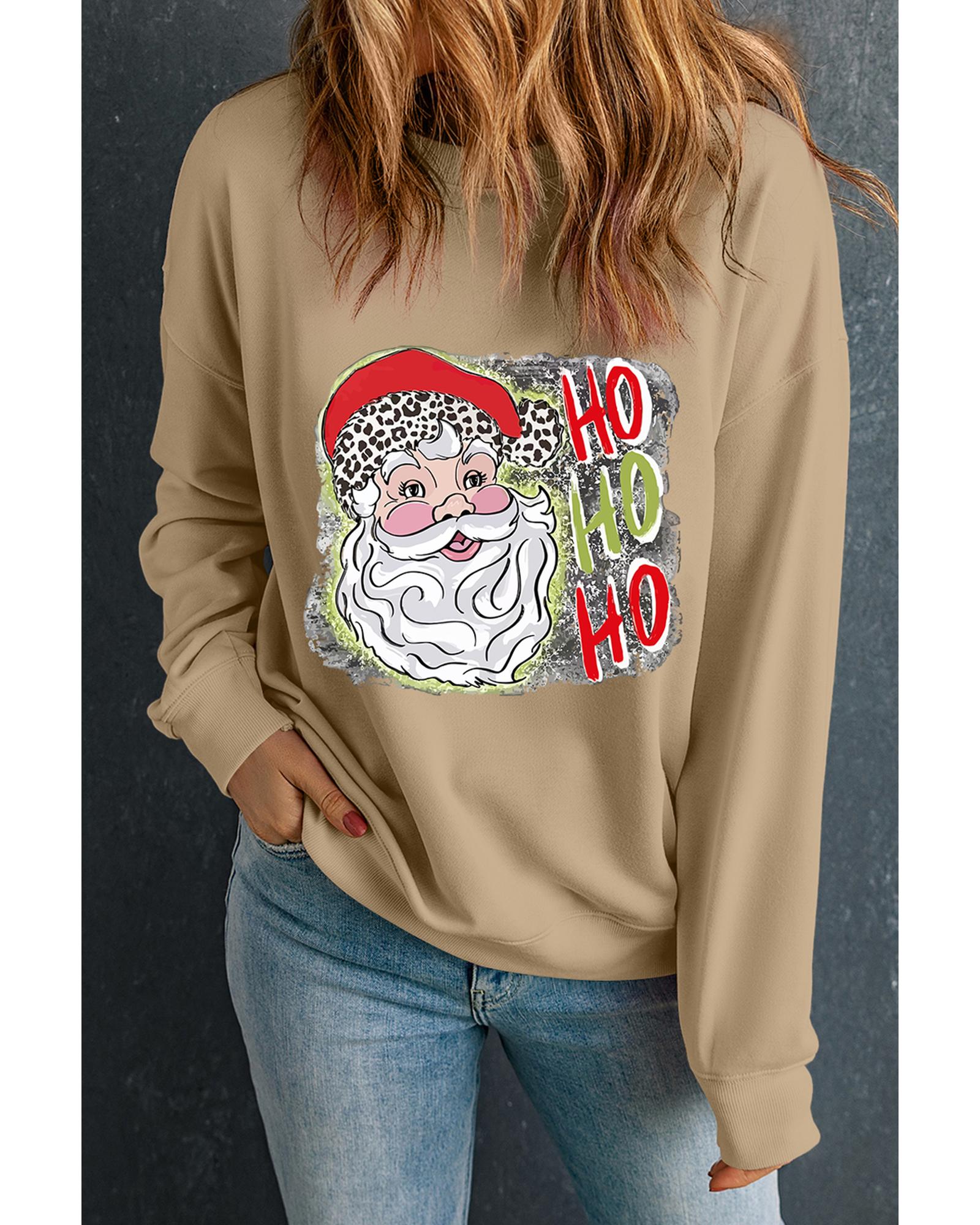 Khaki HOHOHO Santa Claus Drop Shoulder Christmas Sweatshirt - M - casaculinary