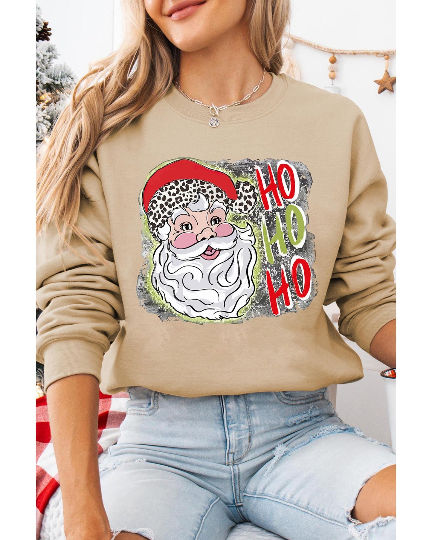 Khaki HOHOHO Santa Claus Drop Shoulder Christmas Sweatshirt - M - casaculinary