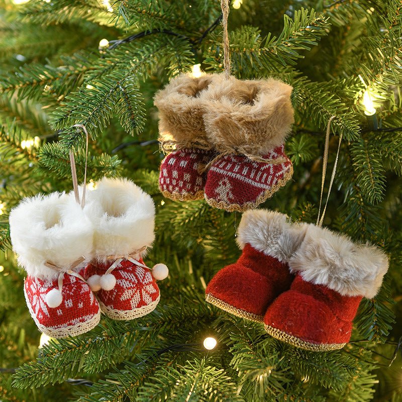 Knitted Christmas Boot Ornaments with Faux Fur Trim - Set of 3 Hanging Decorations - casaculinary