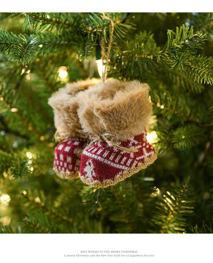 Knitted Christmas Boot Ornaments with Faux Fur Trim - Set of 3 Hanging Decorations - casaculinary