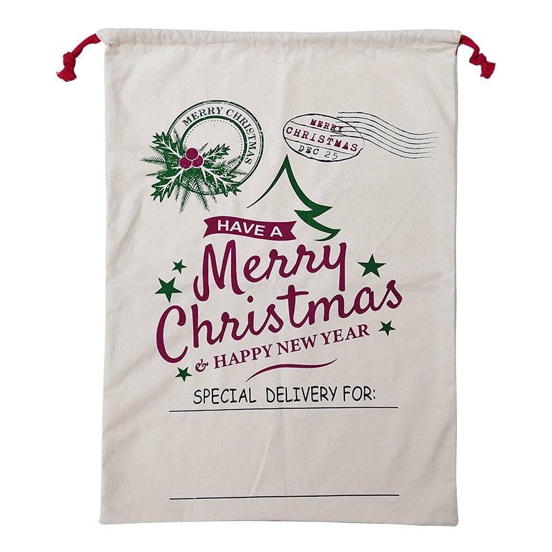 Large Christmas XMAS Hessian Santa Sack Stocking Bag Reindeer Children Gifts Bag, Cream - Happy New Year 