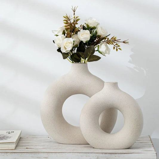 Nordic - Circular Hollow Ceramic Vase: Donuts Flower Pot Decor 