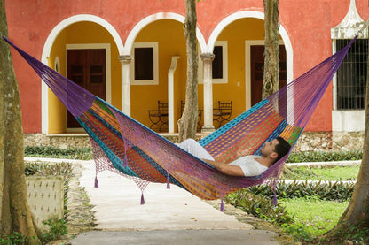 Outdoor undercover cotton Mayan Legacy hammock with hand crocheted tassels King Size Colorina