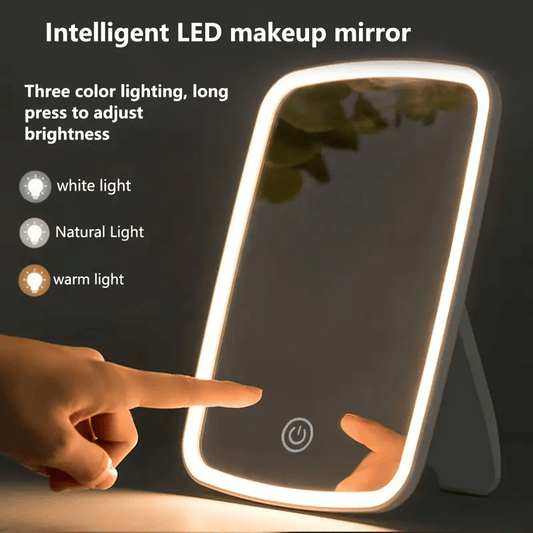 Portable LED light strip makeup mirror, very suitable for home, travel and office use. High - definition mirror surface, metal frame, intelligent touch button, three - color light switching, adjustable brightness, USB power supply - casaculinary