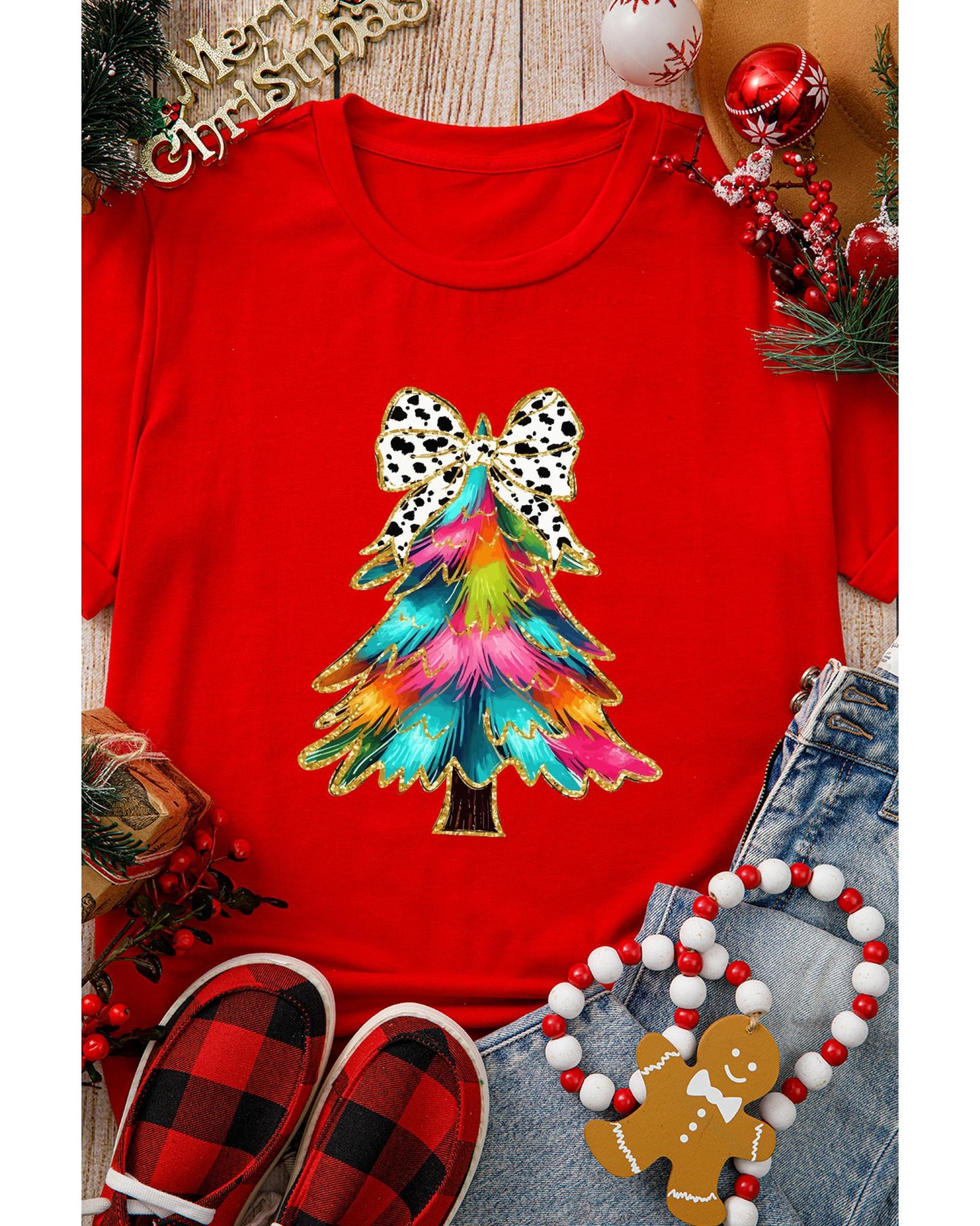 Red Bow Decor Christmas Tree Graphic Holiday T Shirt - L - casaculinary
