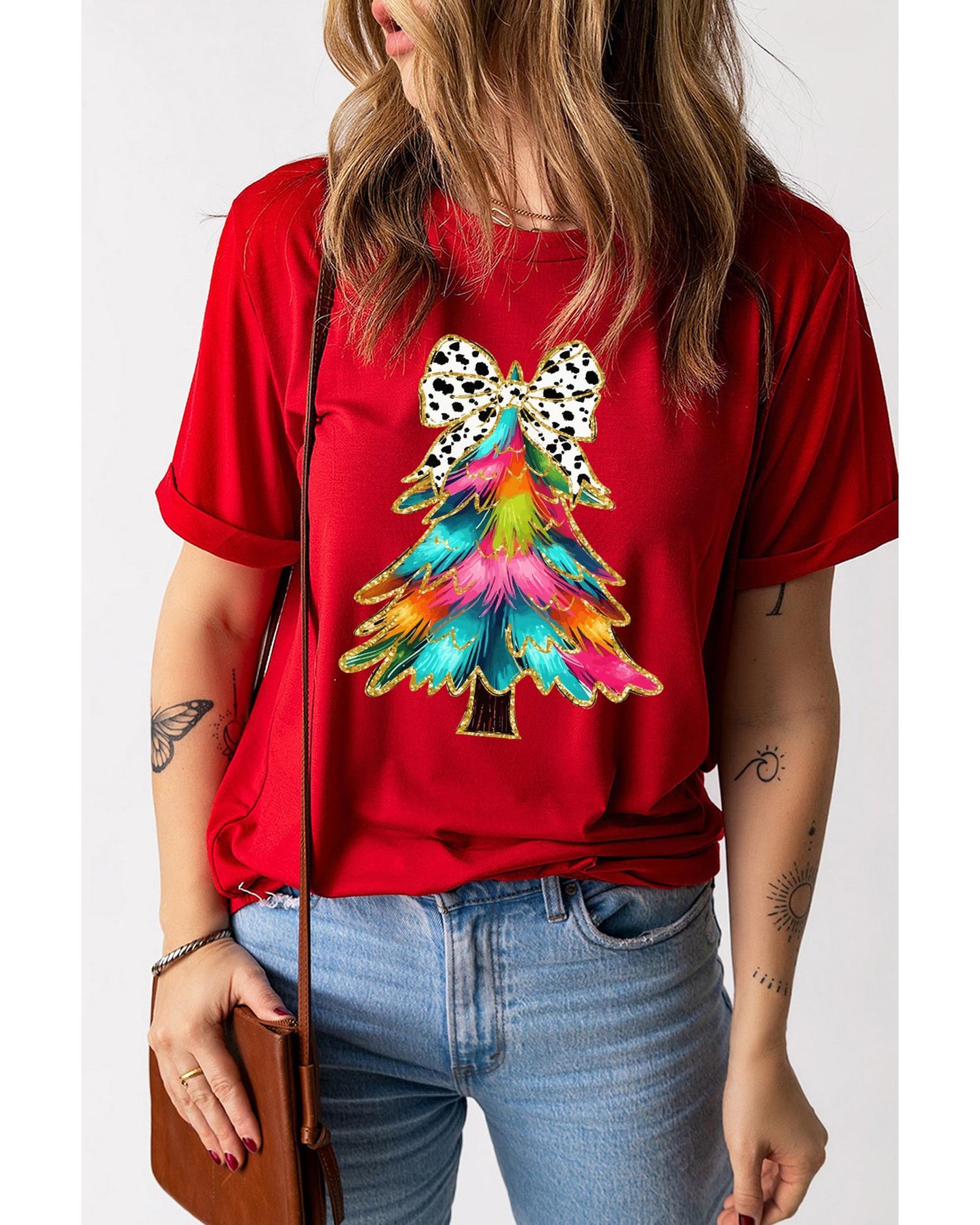 Red Bow Decor Christmas Tree Graphic Holiday T Shirt - L - casaculinary