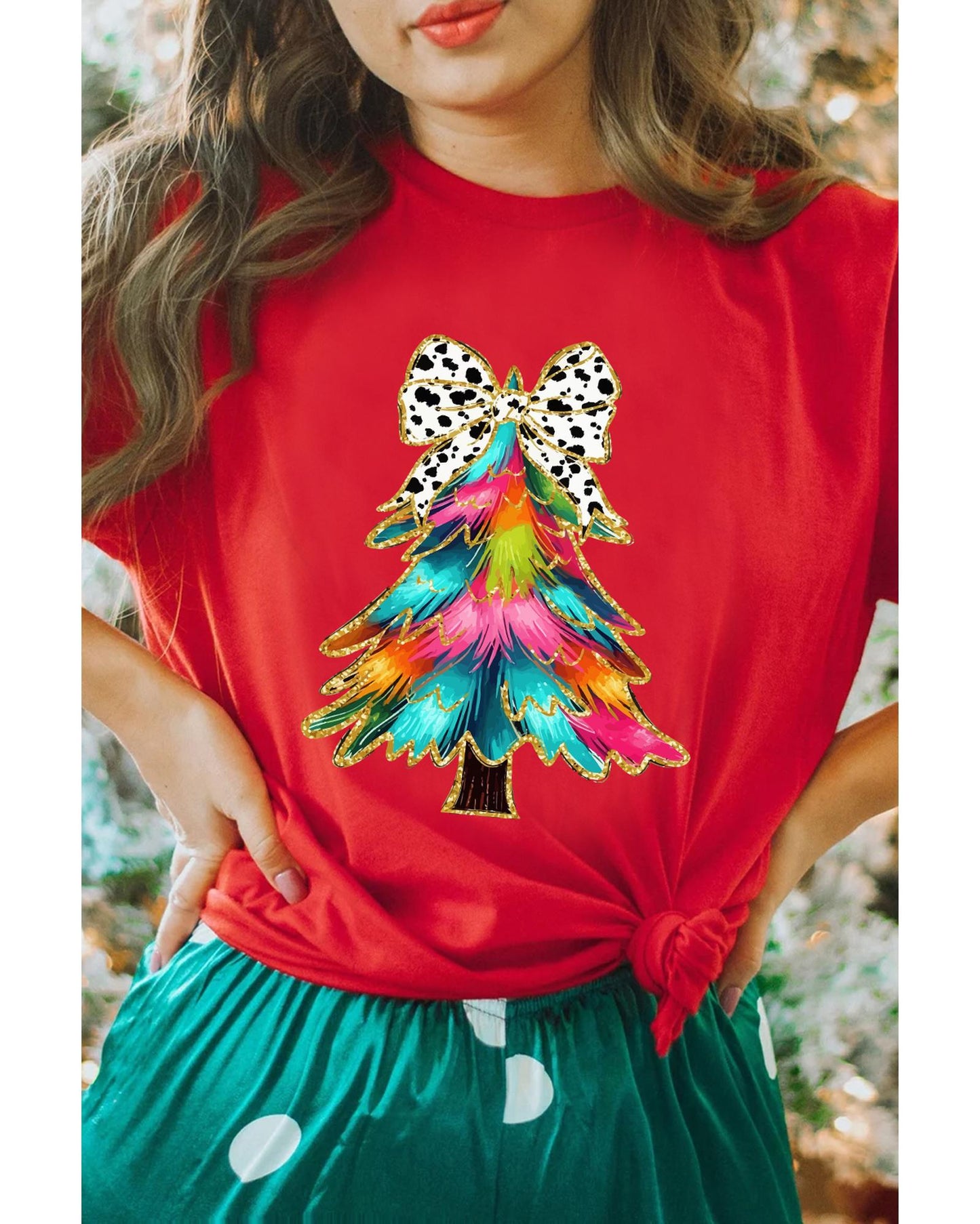 Red Bow Decor Christmas Tree Graphic Holiday T Shirt - L - casaculinary