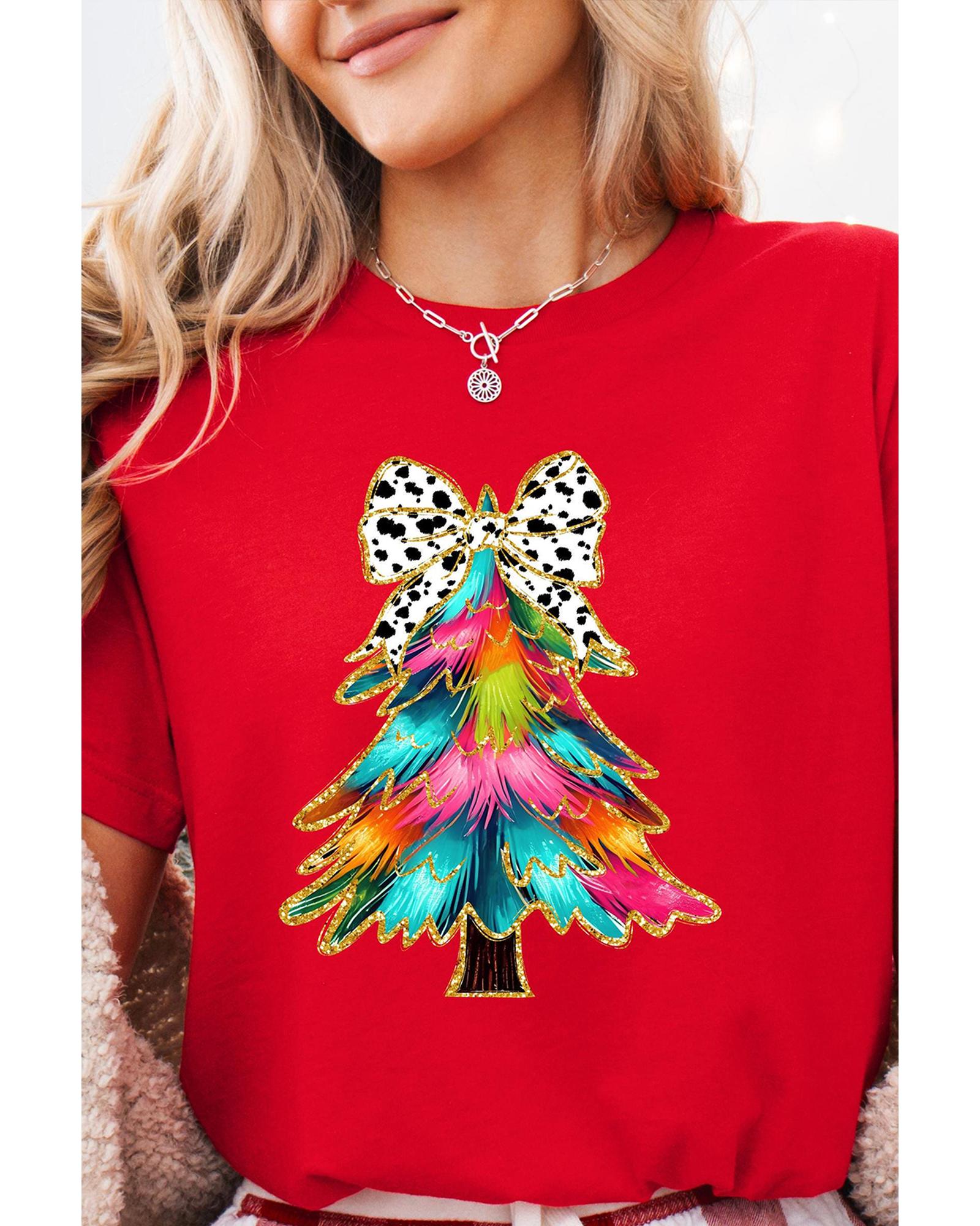 Red Bow Decor Christmas Tree Graphic Holiday T Shirt - L - casaculinary