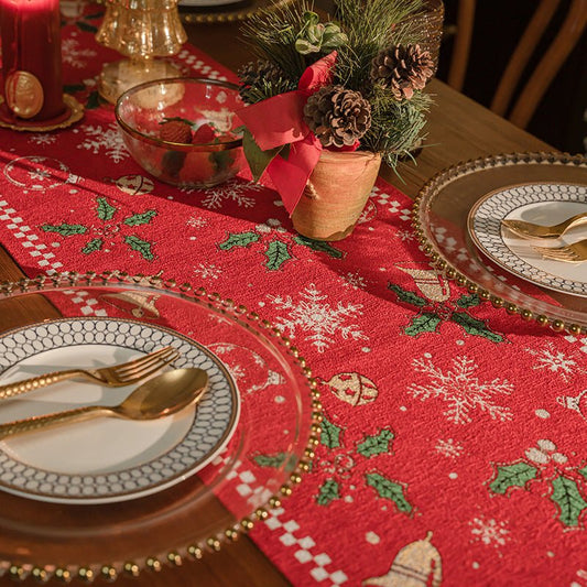 Red Christmas Table Runner with Tassels - Festive Snowflake & Bell Print (35*180cm) - casaculinary