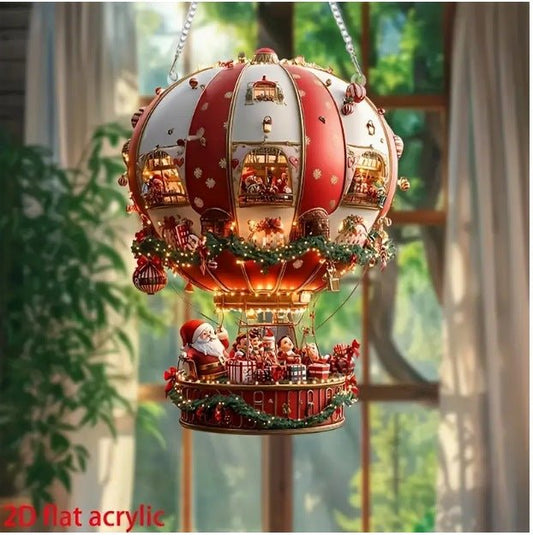 Red Whimsical Santa's Hot Air Balloon Ornament - 2D Flat Acrylic Hanging Decoration for Wall & Tree - casaculinary