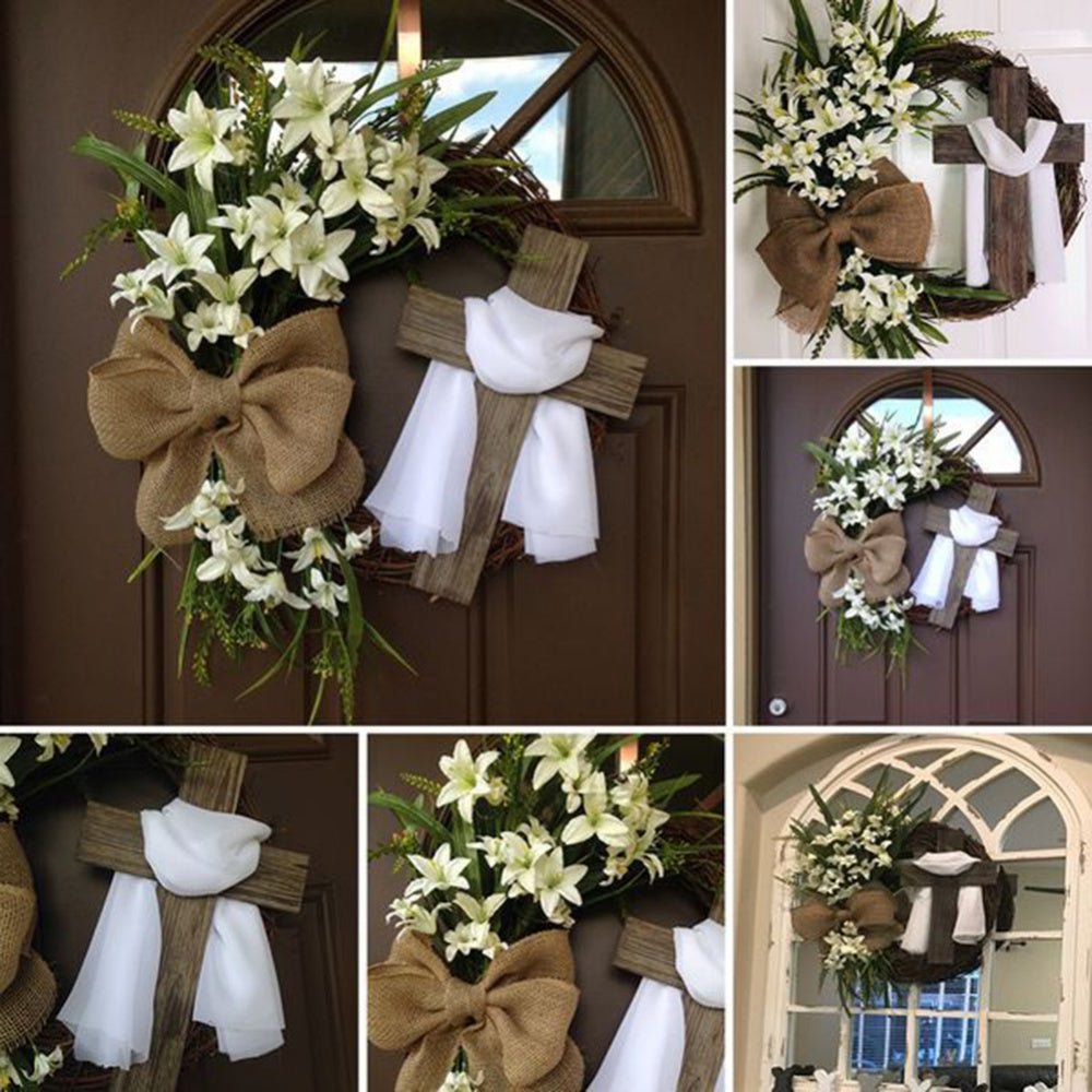Rustic Easter Cross Wreath | Burlap Bow & Rattan Spring Door Decor