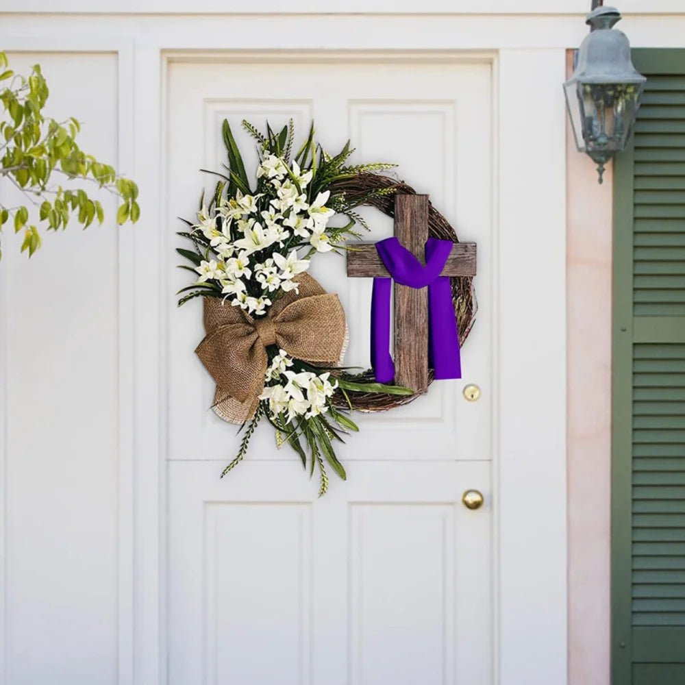 Rustic Easter Cross Wreath | Burlap Bow & Rattan Spring Door Decor