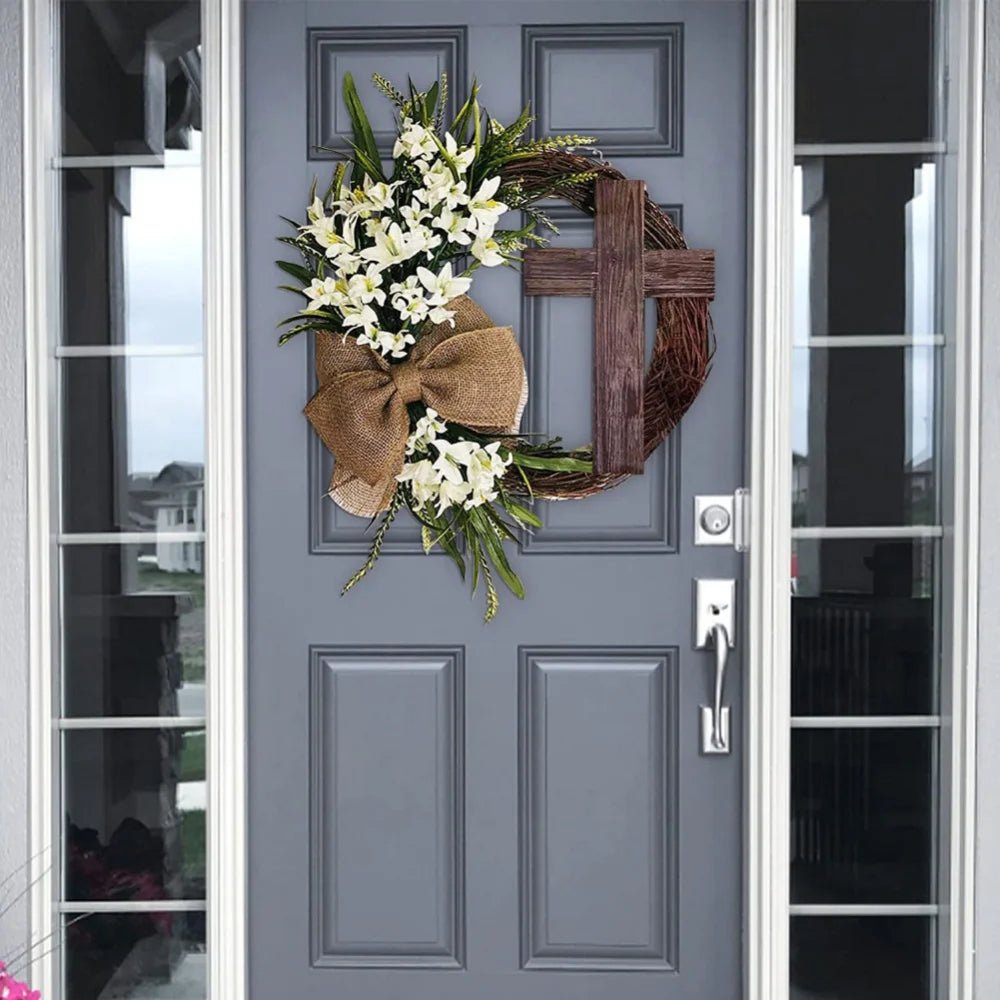 Rustic Easter Cross Wreath | Burlap Bow & Rattan Spring Door Decor