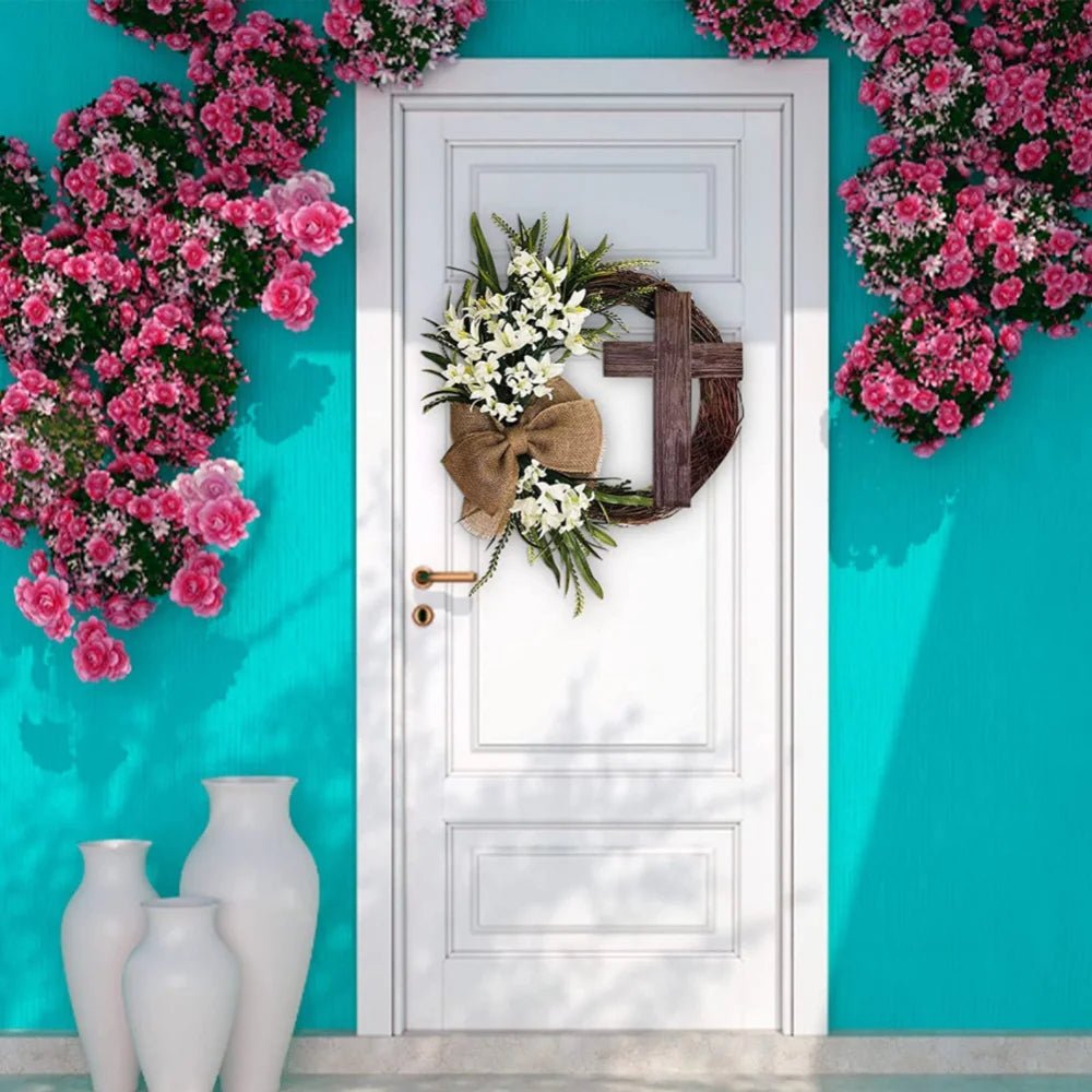 Rustic Easter Cross Wreath | Burlap Bow & Rattan Spring Door Decor