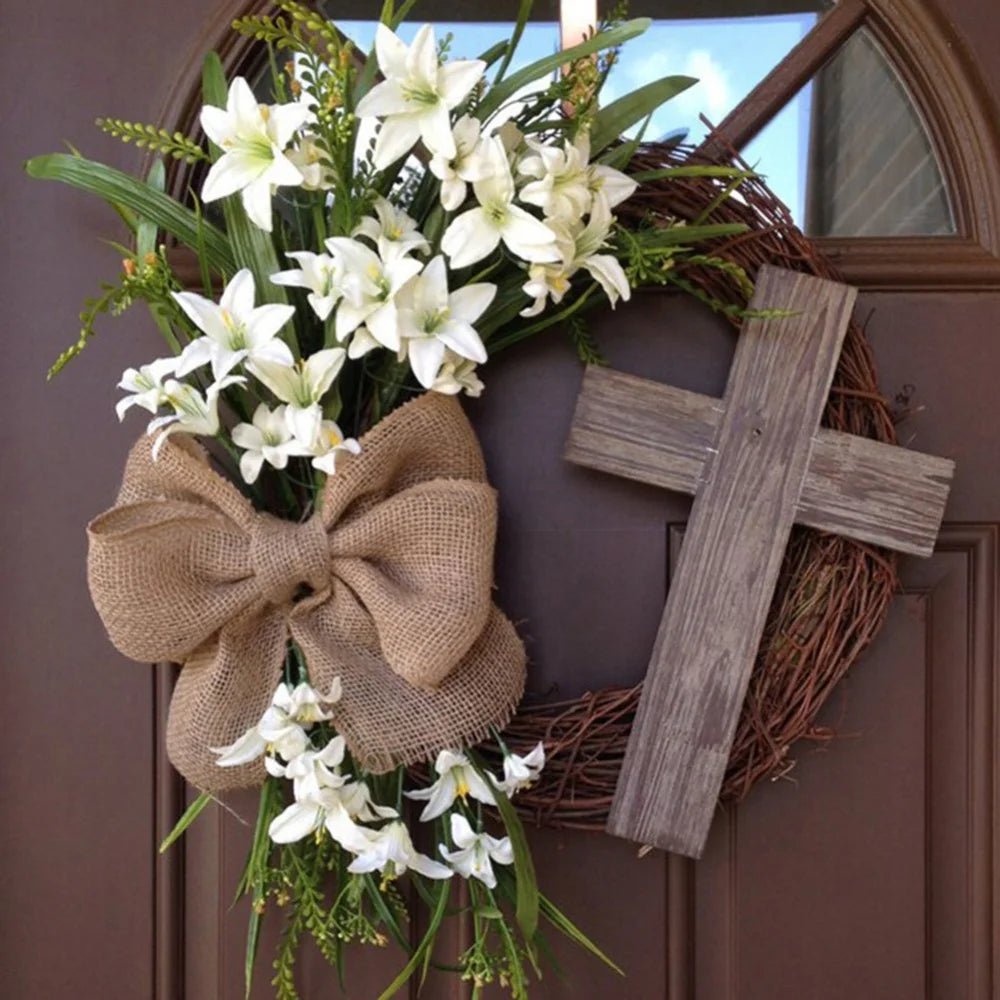 Rustic Easter Cross Wreath | Burlap Bow & Rattan Spring Door Decor