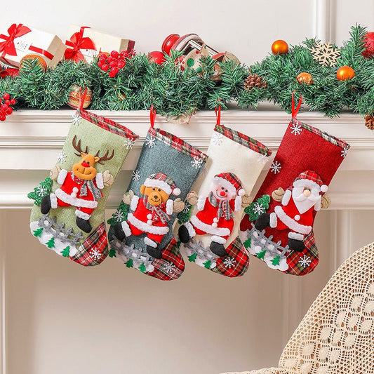Set of 4 Christmas Stockings with Santa, Reindeer, Snowman, and Teddy Bear - Holiday Mantel Decor - casaculinary