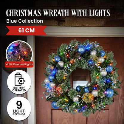 Swishmas 61cm Blue Collection Multicolour Pre - Lit Christmas Wreath - casaculinary