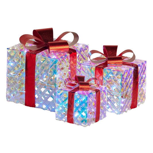 Swishmas Set of 3 Christmas Gift Boxes With Lights - Clear Shimmer With Red Bows - casaculinary