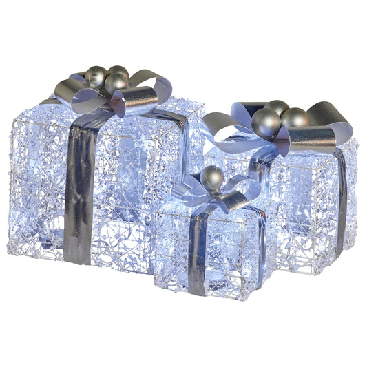 Swishmas Set Of 3 Christmas Gift Boxes With Lights With Jewelled Wire And Silver Bows - casaculinary