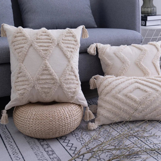 Tassels Cushion Cover Beige Pillow Cover: Handmade Square for Living Room & Home Decor 