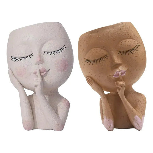 Unique Face Planters Pot for Indoor Outdoor Plants with Drainage Hole Cute Lady Face Plant Pots Closed Eyes 