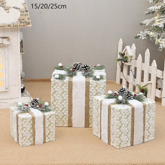 YH99032 Set of 3 Decorative Christmas Gift Boxes with Pine Cones & Berries,without lights - Holiday Decor for Indoor Display (15/20/25cm) - casaculinary